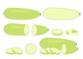 grünes Zucchini-Lebensmittelset, ganzer und gehackter Kürbis. Zucchini ganz, halbiert und in Scheiben geschnitten. Ernte essbare Pflanze Gemüse. vektor isolierte illustration