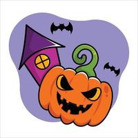 halloween pumpa logotyp med fladdermöss och slott vektor