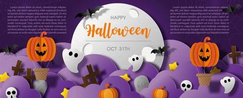 halloween söt spöken fest i en kyrkogård scen med violett moln och jätte måne, exempel texter i papper skära stil och webb baner design på mörk violett bakgrund. vektor