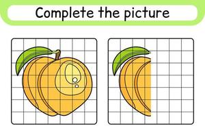 Vervollständigen Sie das Bild Pfirsich. Kopieren Sie das Bild und die Farbe. beende das Bild. Malbuch. pädagogisches Zeichenübungsspiel für Kinder vektor