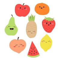 Reihe von Cartoon-Früchten mit Gesichtern. Erdbeere, Apfel, Ananas, Zitrone, Birne, Wassermelone, Pfirsich, Orange. vektor