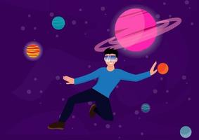 Mann, der den Weltraum in Gläsern erkundet Glücklicher kleiner Junge mit Virtual-Reality-Brille, der Online-Website-Vektorillustration im flachen Cartoon-Stil studiert vektor