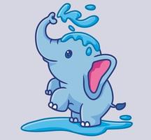 süßer elefant badet sprühwasser aus seinem rüssel. isolierte karikaturtierillustration. flaches Aufkleber-Icon-Design Premium-Logo-Vektor. Maskottchen Charakter vektor