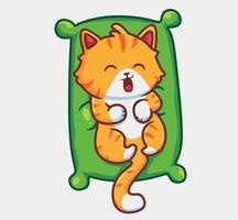 süße katze, die zum schlafen auf dem kissen liegt. isolierte karikaturtierillustration. flaches Aufkleber-Icon-Design Premium-Logo-Vektor. Maskottchen Charakter vektor