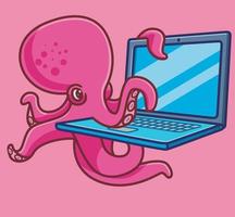 niedlicher Oktopus-Angestellter, der Hacker arbeitet. isolierte karikaturtiernaturillustration. flaches Aufkleber-Icon-Design Premium-Logo-Vektor. Maskottchen Charakter vektor