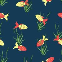 sömlös mönster av röd och guld fisk simning i blå vatten och grön alger. vektor illustration tapet