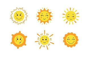 uppsättning av söt handritad sol. gula roliga solar med olika känslor isolerad på vit bakgrund. vektor barnslig illustration i platt tecknad stil