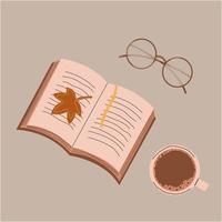 Herbst eingestellt. Vektorgrafiken braunes Buch mit gelbem Band und Kaffeetasse mit Zeichnung. Brille in einem dünnen Rahmen. herbstliche Abendstimmung zum Bücherlesen. moderner flacher Cartoon-Stil. vektor