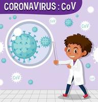 Junge zeigt auf große Coronavirus-Zelle vektor