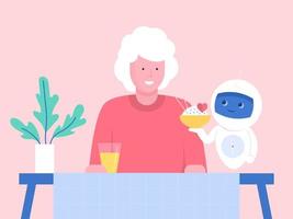 robot serverar middag till äldre kvinna vektor