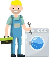 Klempner repariert Waschmaschine. Ausfall von Haushaltsgeräten. Arbeiter mit einem Schraubenschlüssel, Werkzeug. Service und Reparatur. Werkzeugkasten zur Hand. Problem mit Wäsche. vektor