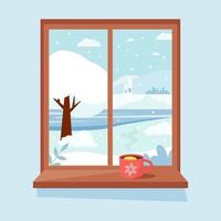 vinter- fönster med se, äpple paj med och en kaffe eller te kopp på de tröskel.den tröskel. mysigt vektor illustration i platt stil