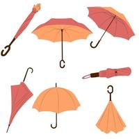 Stellen Sie Vektorillustration von offenen und gefalteten Regenschirmen im flachen Stil ein. Regenschirm in herbstlichen Boho-Farben vektor