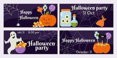 halloween fest uppsättning, aning för inbjudan, affisch, baner, flygblad eller hälsning kort med tema attribut vektor