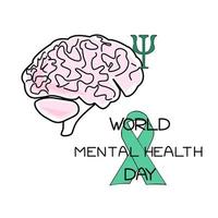 värld mental hälsa dag, schematisk bild av mänsklig hjärna, psykologi ikon brev psi, grön band och tema inskrift vektor