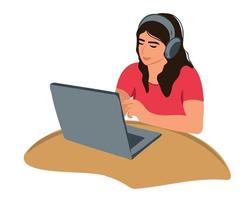 Lycklig kvinna studerande studerar med hörlurar på en bärbar dator. tittar på en webbseminarium, delta ett uppkopplad klass, studie konferens, talande med en lärare via video länk vektor