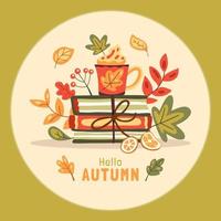 herbstillustration mit büchern, heißem getränk und blättern vektor