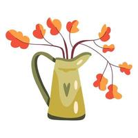 Herbstillustration mit Vase mit roten und orangefarbenen Blättern. vektor