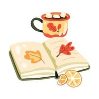 Herbstillustration mit offenem Buch, Tasse Kakao mit Marshmallows, Orangenscheiben und Blättern