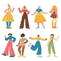 Diverse fröhliche Frauen in Retro-Kleidung der 1960er Jahre gehen, stehen, winken mit den Händen vektor