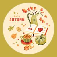 herbstillustration mit buch, kaffee, kürbis, keksen und blättern vektor