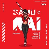 Samurai-Frauen-Cyberpunk-Fiktions-T-Shirt bunter Entwurf. abstrakte Vektorillustration. vektor