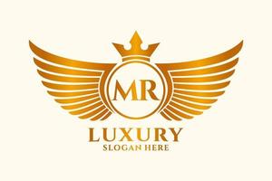 luxus königlicher flügelbuchstabe mr wappengoldfarbe logovektor, siegeslogo, wappenlogo, flügellogo, vektorlogovorlage. vektor
