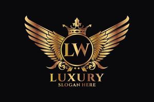luxus königlicher flügelbuchstabe lw wappengoldfarbe logovektor, siegeslogo, wappenlogo, flügellogo, vektorlogovorlage. vektor
