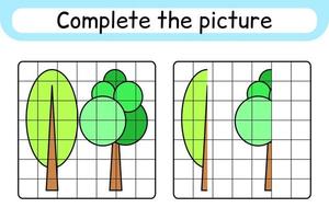 komplett de bild träd. kopia de bild och Färg. Avsluta de bild. färg bok. pedagogisk teckning övning spel för barn vektor