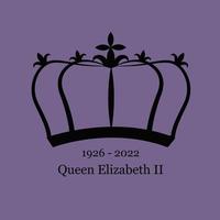 Todesgedenkplakat von Queen Elizabeth II. Vektorbanner mit Geburtsdatum und Tod. Kronenschattenbild auf purpurrotem Hintergrund vektor