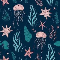 Nahtloses Muster mit Muscheln, Algen, Quallen und Seesternen. Marineblauer Hintergrund. für Druck, Stoff, Textil, Fertigung, Tapeten. unter dem Meer vektor