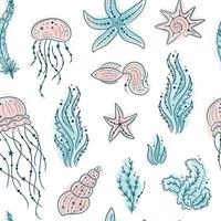 sömlös mönster med snäckskal, tång, fisk och sjöstjärnor. marin liv på vit bakgrund. för utskrift, tyg, textil, tillverkning, bakgrundsbilder. under de hav vektor