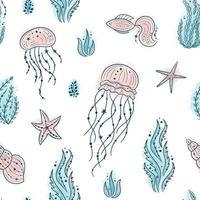 Nahtloses Muster mit Quallen, Muscheln, Algen, Fischen und Seesternen. Meereslebewesen auf weißem Hintergrund. für Druck, Stoff, Textil, Fertigung, Tapeten. unter dem Meer vektor