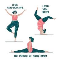 uppsättning av kroppspositiv plus storlek kvinnor håller på med yoga. trendig platt vektor illustration för grafik, affischer, banderoller. feminism, godkännande och frihet. kärlek din kropp text