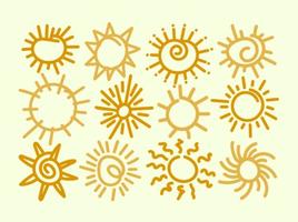 Set av 12 Handdragen Suns Vector Elements