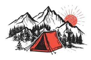 camping i natur, berg landskap, skiss stil, vektor illustration