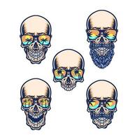 uppsättning av skalle bär strand glasögon, hand dragen linje med digital Färg, vektor illustration