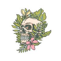 skalle och exotisk tropisk blommor, hand dragen linje med digital Färg, vektor illustration