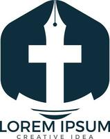 kristen kyrka vektor logotyp design. crucifixion och penna spets ikon. religiös pedagogisk symbol. bibel inlärning och undervisning klass.