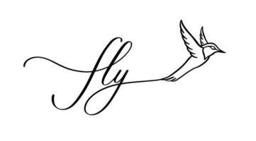 Fliegen-Schriftzug-Logo mit Vogel. Kalligraphie-Design zum Bedrucken von T-Shirts, Hemden, Kapuzenpullis, Poster-Banner-Aufklebern, Karten, Tätowierungen. vektor