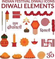 indisk festival diwali ikoner, uppsättning av 20 vektor Deepawali element, deepavali design element samling av smällare, livsmedel och puja element