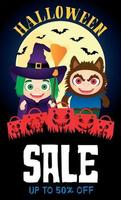 halloween verkauf 50 prozent rabatt poster lustige kinder in halloween-kostümen hexe, werwolf und lustige pakete