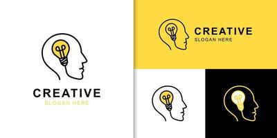 kreatives Ideenkonzept-Logodesign mit Kopf- und Birnenikonensymbol für kluge menschliche, kreative Leute, Gehirnideenikonenlogo-Gestaltungselement vektor