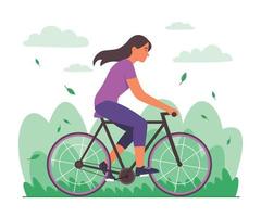 kvinna njut av ridning en cykel i offentlig parkera vektor