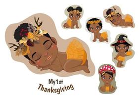 1. Thanksgiving des Babys mit niedlichem Cartoon-Vektor für Baby-schwarze Mädchen für Babykleidung, Gruß- und Einladungskarte, Poster und Geschenkdesign. vektor