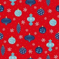 nahtloses muster der blauen weihnachtsdekoration und der schneeflocken auf rotem hintergrund. Christbaumschmuck in verschiedenen Formen. vektor