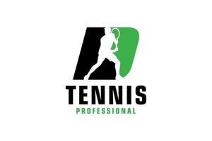 buchstabe d mit tennisspieler-silhouette-logo-design. Vektordesign-Vorlagenelemente für Sportteams oder Corporate Identity. vektor