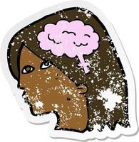 Retro-Distressed-Aufkleber eines Cartoon-Frauenkopfes mit Gehirnsymbol vektor