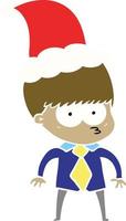 nervöse flache farbillustration eines jungen, der hemd und krawatte trägt, die weihnachtsmütze tragen vektor