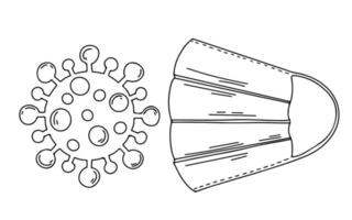 ansikte mask och virus i hand dragen klotter stil. isolerat på vit vektor illustration.